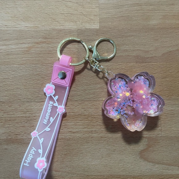 Other - Pink Cherry Blossom Keychain with Glitter Charm